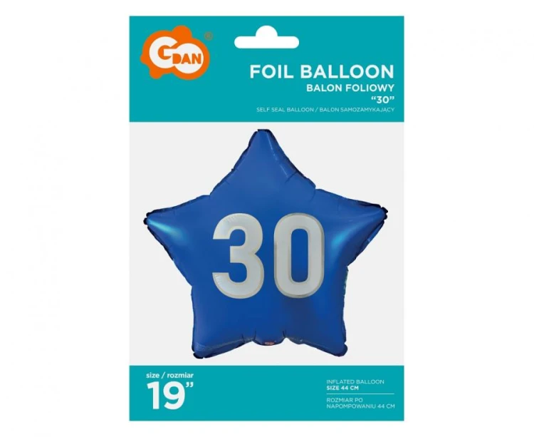 Balon foliowy "30" gwiazda niebieska, nadruk biały, 19" KK
