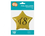 Balon foliowy "18" gwiazda złota, nadruk czarny, 19" AA