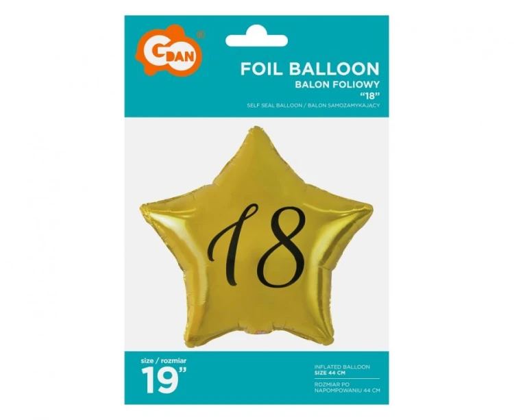 Balon foliowy "18" gwiazda złota, nadruk czarny, 19" AA