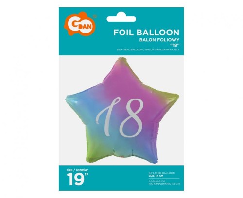 Balon foliowy "18" gwiazda gradient, nadruk biały, 19" KK