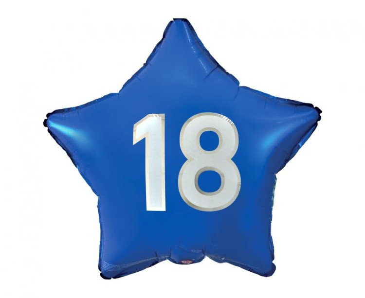 Balon foliowy "18" gwiazda niebieska, nadruk biały, 19" KK