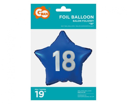 Balon foliowy "18" gwiazda niebieska, nadruk biały, 19" KK