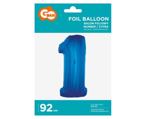 Balon foliowy "Cyfra 1", niebieska, 92 cm