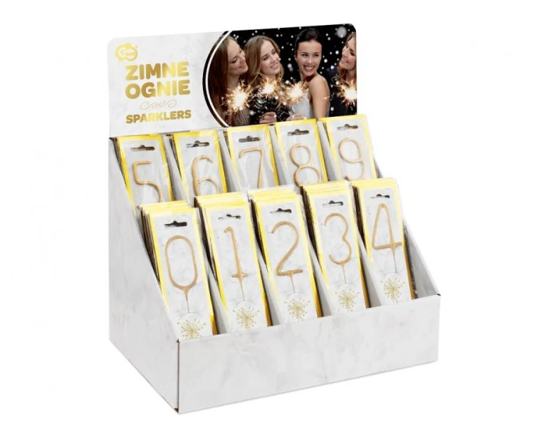 Zimne Ognie Złote cyfry 0-9 display zawiera 120 zimnych ogni duży zestaw