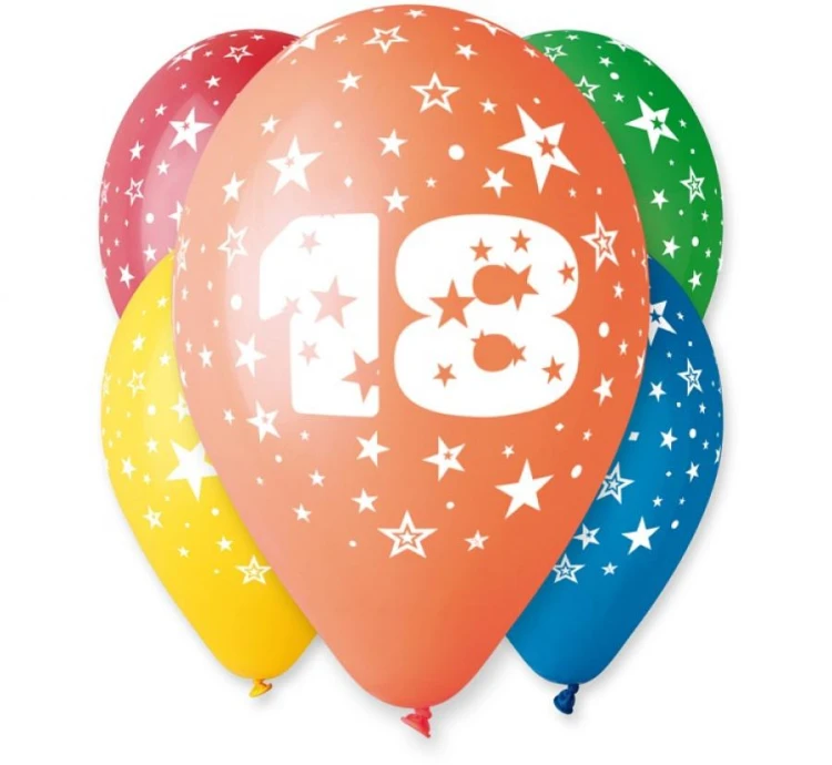 Balony urodzinowe z cyfrą 18 na urodziny pastel mix 12" 30 cm 5 szt