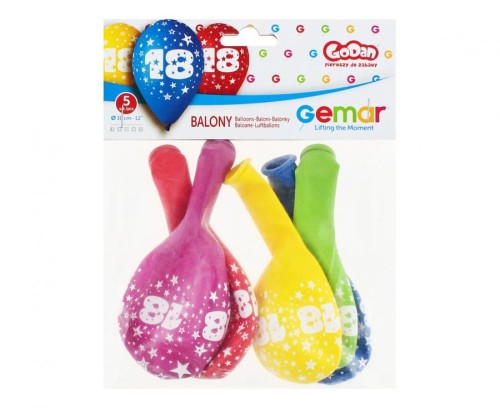 Balony urodzinowe z cyfrą 18 na urodziny pastel mix 12" 30 cm 5 szt