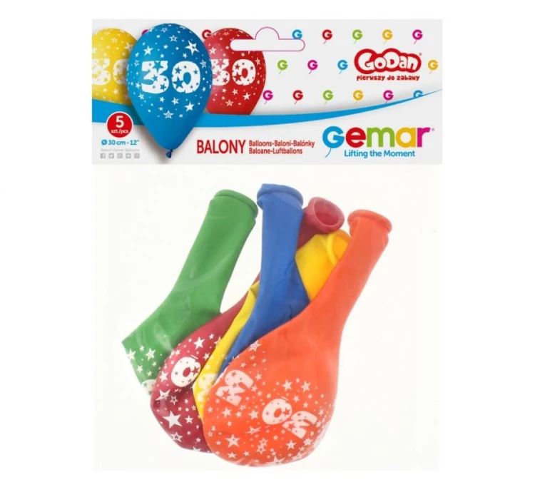Balony urodzinowe z cyfrą 30 na urodziny pastel mix 12" 30 cm 5 szt