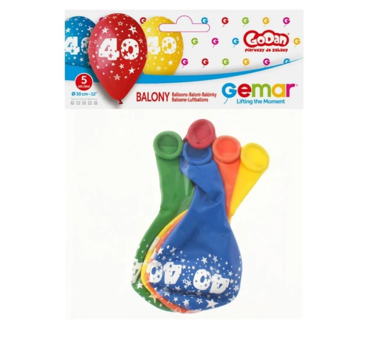 Balony urodzinowe z cyfrą 40 na urodziny pastel mix 30 cm 12" 5 szt
