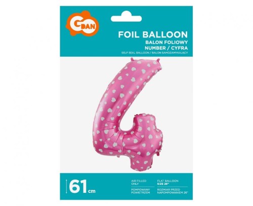 Balon foliowy Cyfra 4 różowa w serca 61 cm Urodziny
