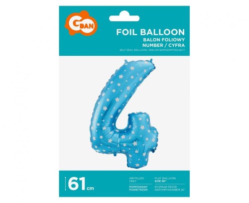 Balon foliowy Cyfra 4 niebieska w gwiazdy 61 cm Urodziny