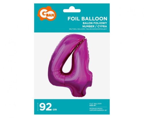 Balon foliowy Cyfra 4 różowa 92 cm Urodziny