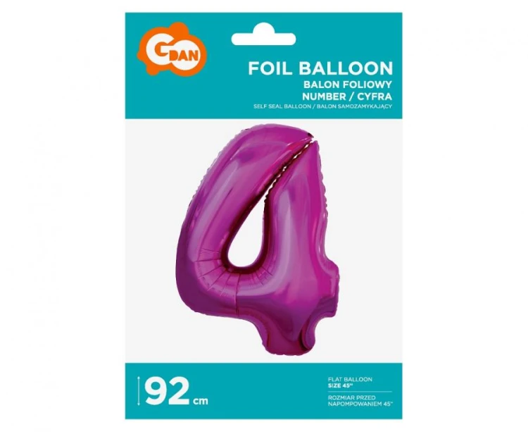 Balon foliowy Cyfra 4 różowa 92 cm Urodziny