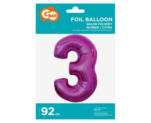 Balon foliowy Cyfra 3 różowa 92 cm Urodziny