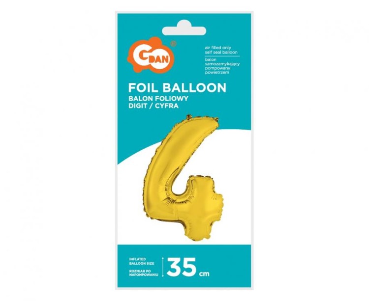 Balon foliowy Cyfra 4 złota 35 cm Urodziny