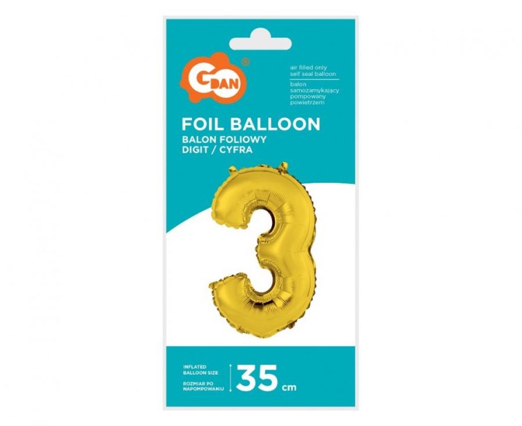 Balon foliowy Cyfra 3 złota 35 cm Urodziny