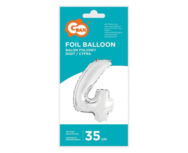 Balon foliowy Cyfra 4 srebrna 35 cm Urodziny