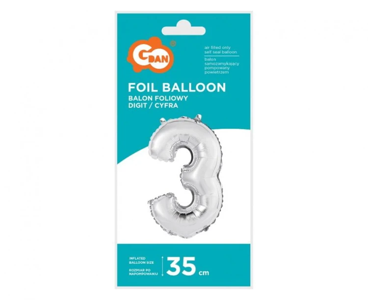 Balon foliowy Cyfra 3 srebrna 35 cm Urodziny