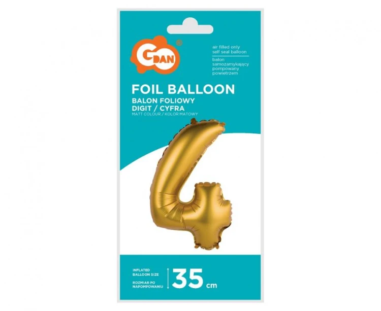 Balon foliowy Cyfra 4 złota matowa 35 cm Urodziny