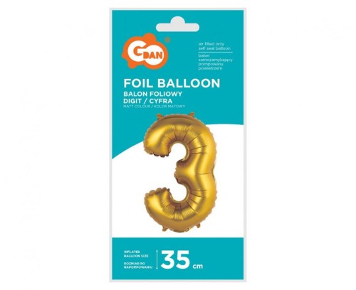 Balon foliowy Cyfra 3 złota matowa 35 cm Urodziny