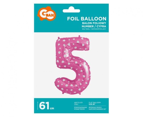 Balon foliowy Cyfra 5 różowa w serca 61 cm Urodziny