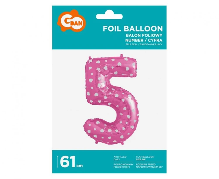 Balon foliowy Cyfra 5 różowa w serca 61 cm Urodziny