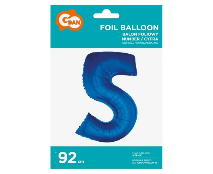 Balon foliowy Cyfra 5 niebieska 92 cm Urodziny