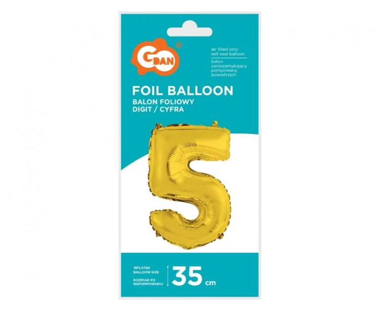 Balon foliowy Cyfra 5 złota 35 cm Urodziny