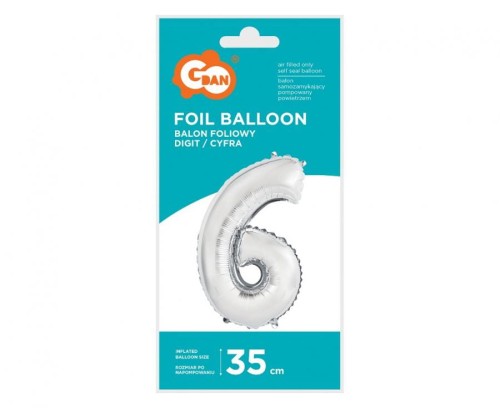 Balon foliowy Cyfra 6 srebrna 35 cm Urodziny