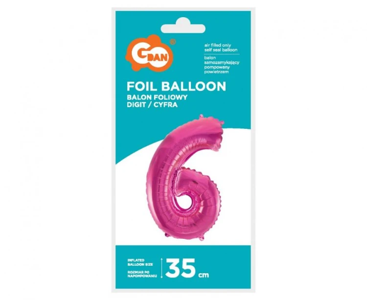 Balon foliowy Cyfra 6 różowa 35 cm Urodziny