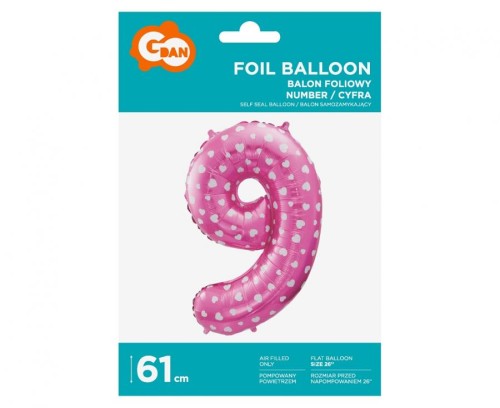 Balon foliowy Cyfra 9 różowa w serca 61 cm Urodziny