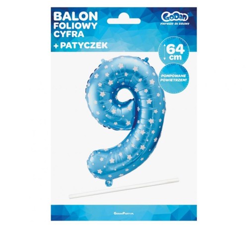 Balon foliowy Cyfra 9 niebieska w gwiazdy 61 cm Urodziny