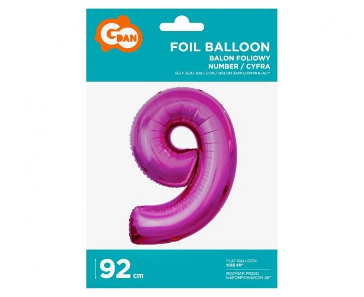 Balon foliowy "Cyfra 9", różowa, 92 cm KK