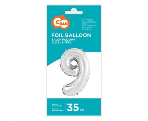 Balon foliowy "Cyfra 9", srebrna, 35 cm