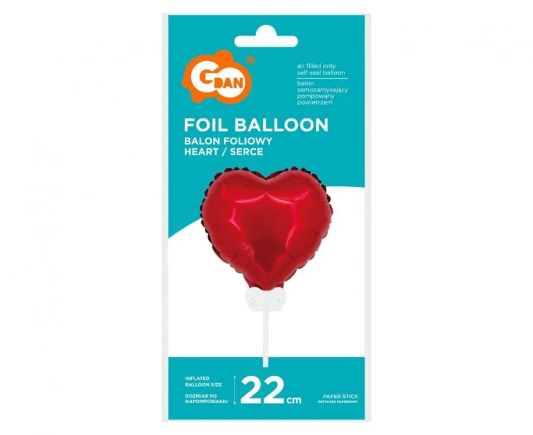 Balon foliowy Serce 11" czerwone z patyczkiem i zaworem