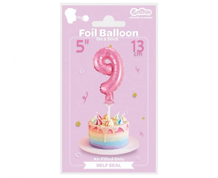 Balon foliowy 13 cm na patyczku Cyfra 9 różowa