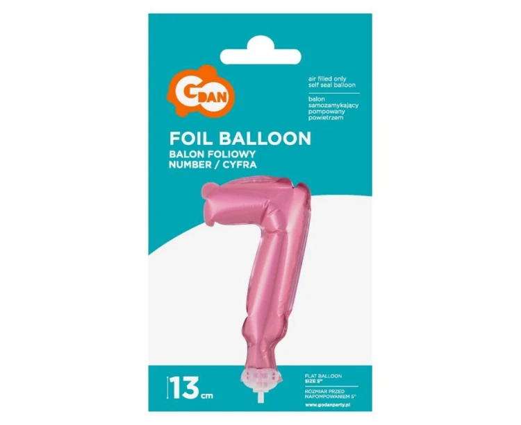 Balon foliowy 13 cm na patyczku Cyfra 7 różowa