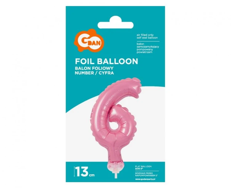 Balon foliowy 13 cm na patyczku Cyfra 6 różowa
