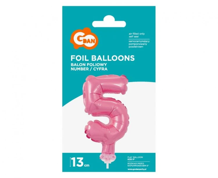 Balon foliowy 13 cm na patyczku Cyfra 5 różowa