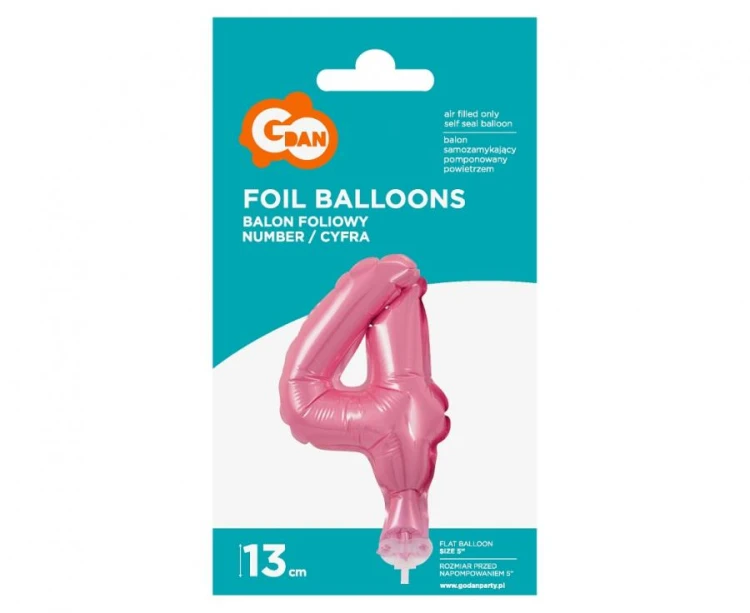 Balon foliowy 13 cm na patyczku Cyfra 4 różowa