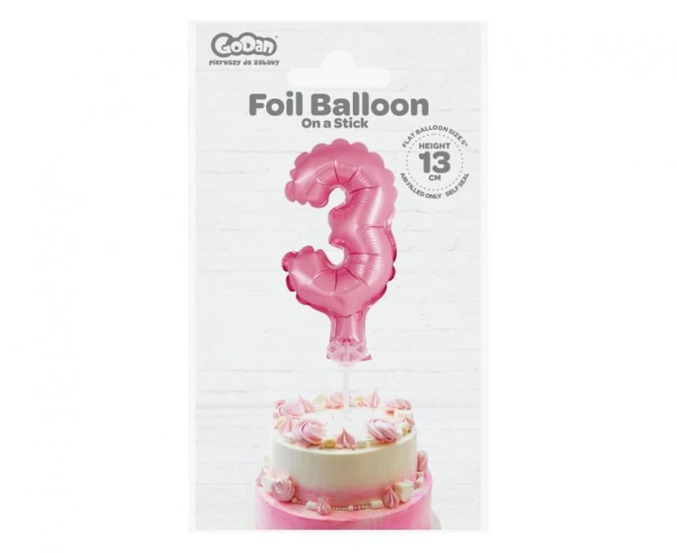 Balon foliowy 13 cm na patyczku Cyfra 3 różowa