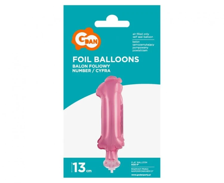 Balon foliowy 13 cm na patyczku Cyfra 1 różowa