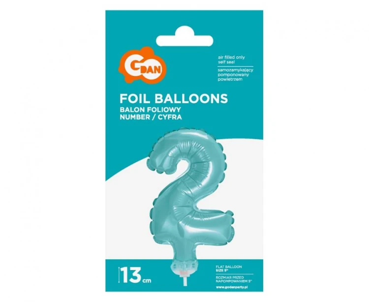 Balon foliowy 13 cm na patyczku Cyfra 2 błękitna