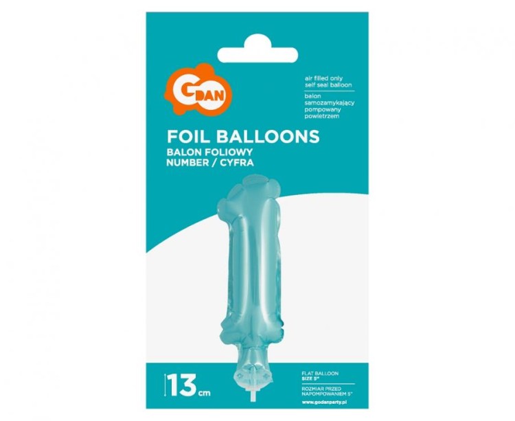 Balon foliowy 13 cm na patyczku Cyfra 1 błękitna