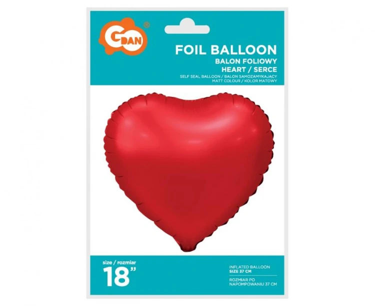 Balon foliowy Serce matowe czerwone 18" na hel powietrzne