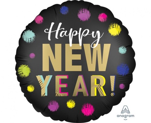 Balon foliowy 18" CIR Happy New Year w kropki Sylwester Nowy Rok