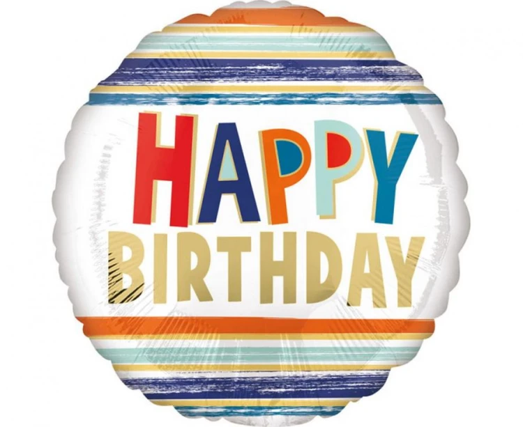 Balon foliowy 18" CIR Happy Birthday paski Urodziny