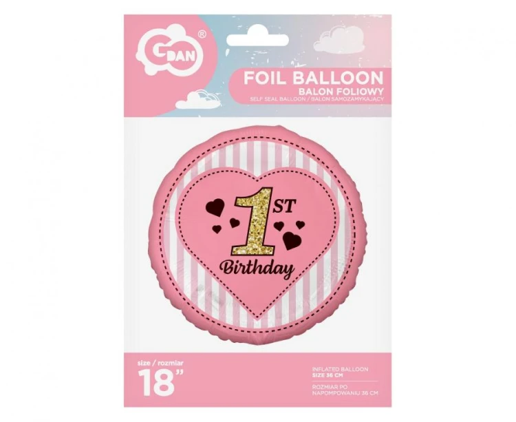 Balon foliowy 18" 1st Birthday różowy 1 Urodziny