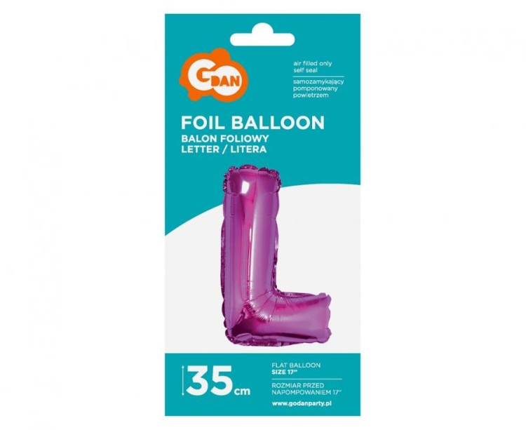 Balon foliowy różowa litera L różowy balon literka 35 cm