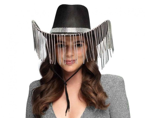 Kapelusz Show girl czarny Kowboj kowbojski ze srebrnymi frędzlami