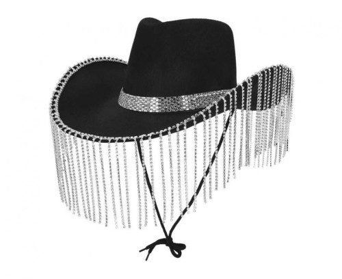 Kapelusz Show girl czarny Kowboj kowbojski ze srebrnymi frędzlami